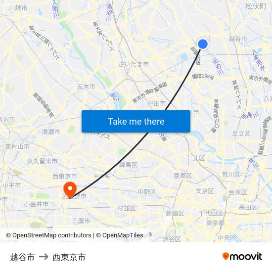 越谷市 to 西東京市 map