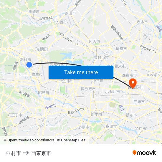 羽村市 to 西東京市 map
