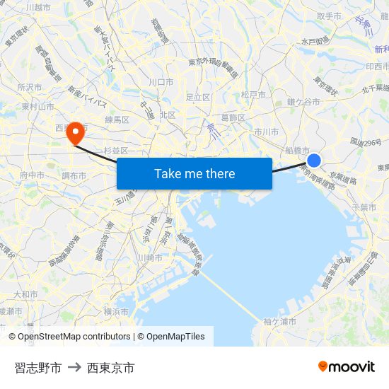 習志野市 to 西東京市 map