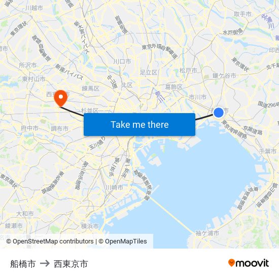 船橋市 to 西東京市 map