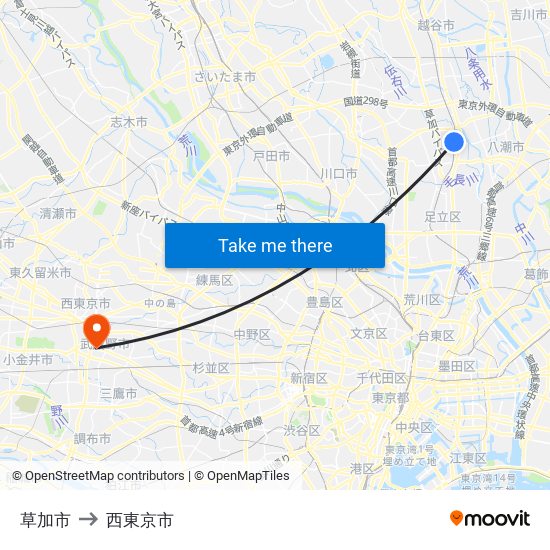 草加市 to 西東京市 map