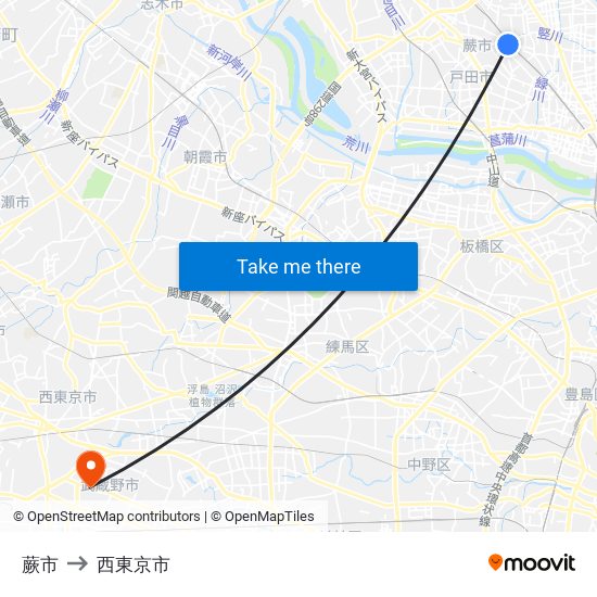 蕨市 to 西東京市 map