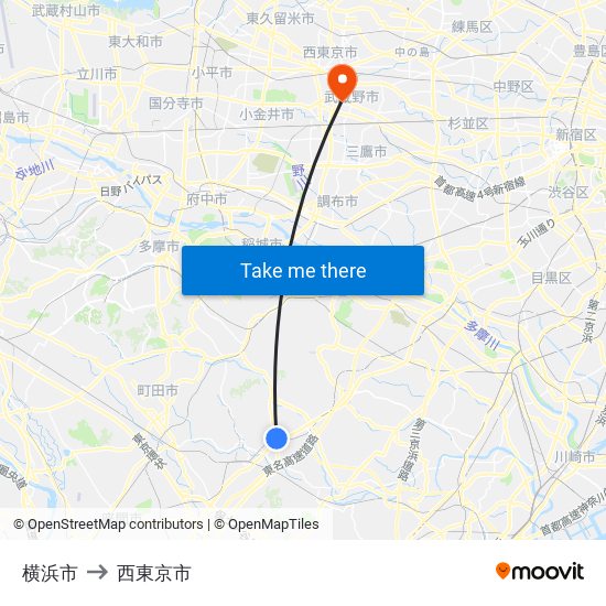 横浜市 to 西東京市 map