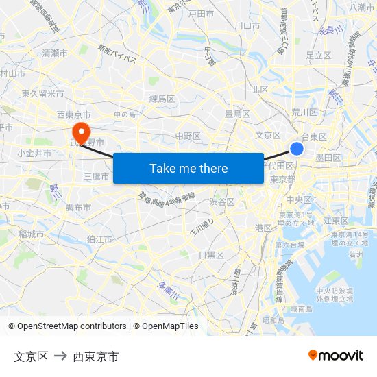 文京区 to 西東京市 map