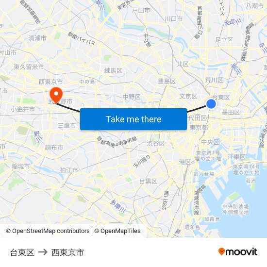 台東区 to 西東京市 map