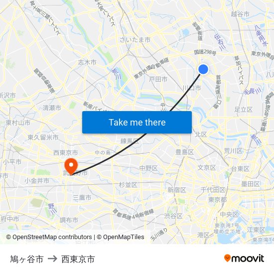 鳩ヶ谷市 to 西東京市 map