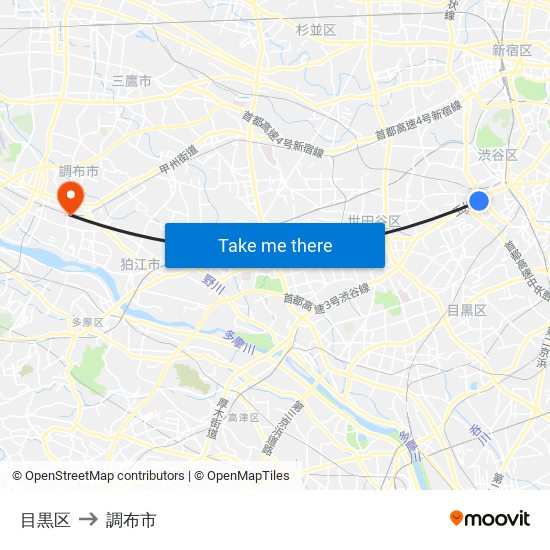 目黒区 to 調布市 map