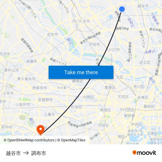 越谷市 to 調布市 map