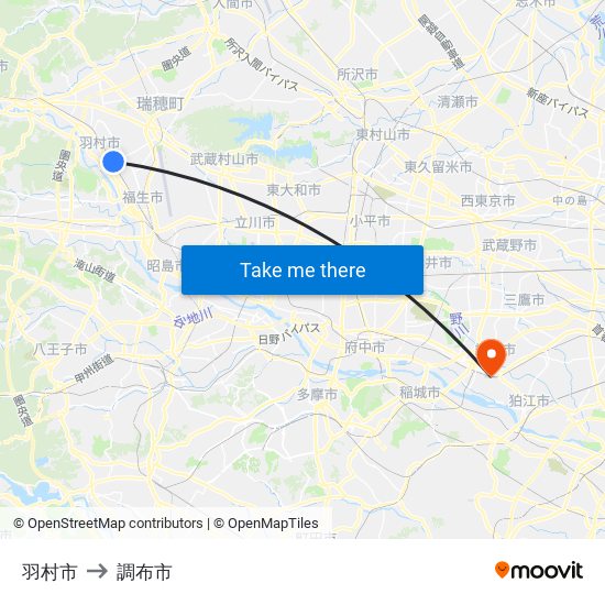 羽村市 to 調布市 map