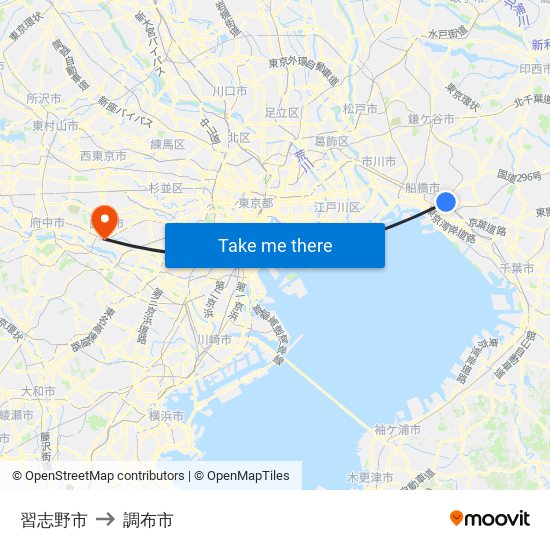 習志野市 to 調布市 map