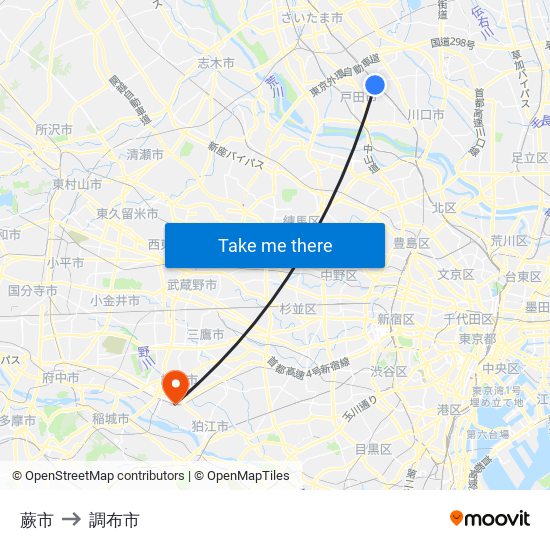 蕨市 to 調布市 map