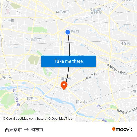 西東京市 to 調布市 map