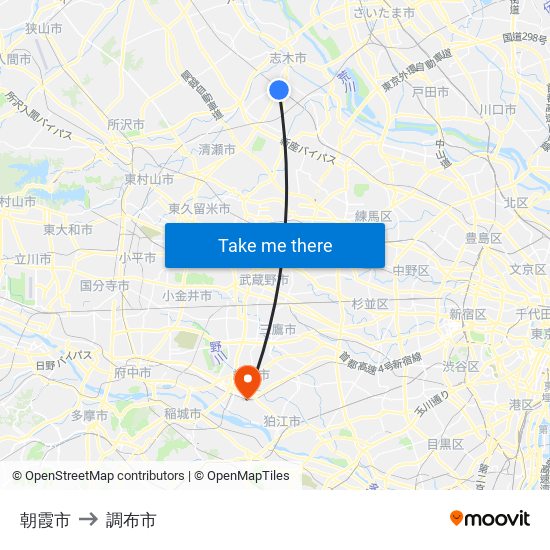 朝霞市 to 調布市 map