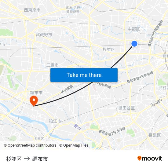 杉並区 to 調布市 map