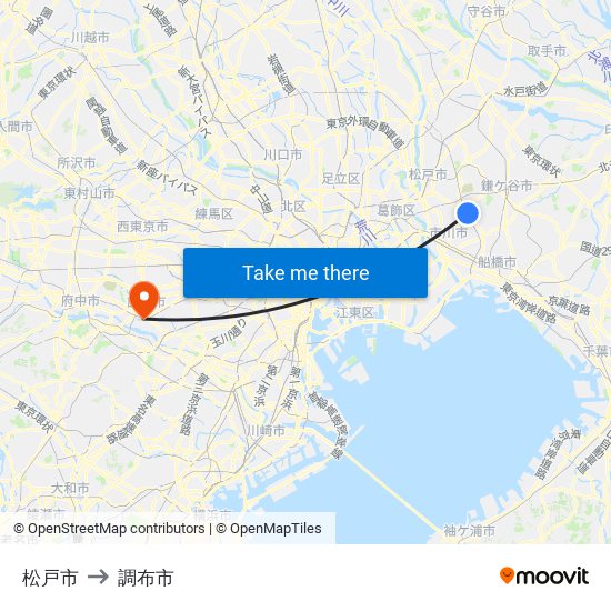 松戸市 to 調布市 map
