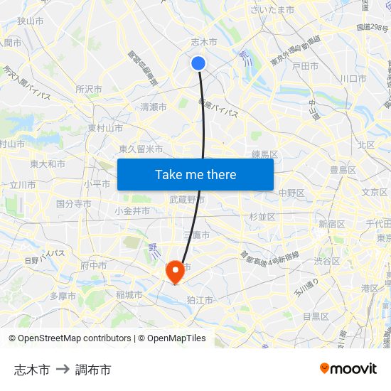 志木市 to 調布市 map
