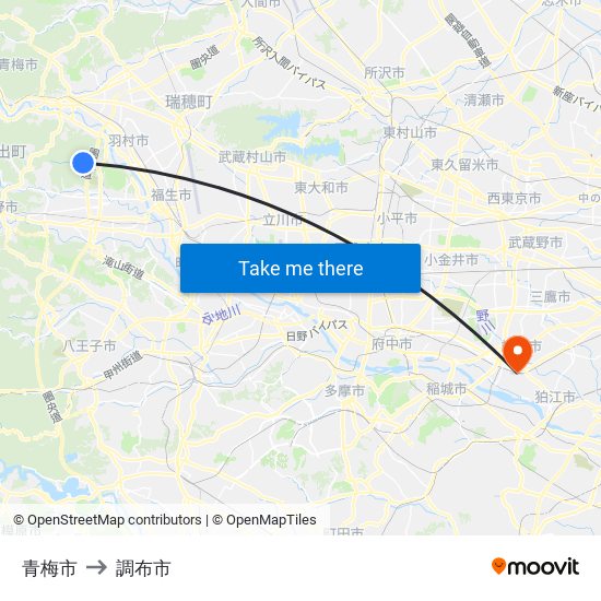 青梅市 to 調布市 map