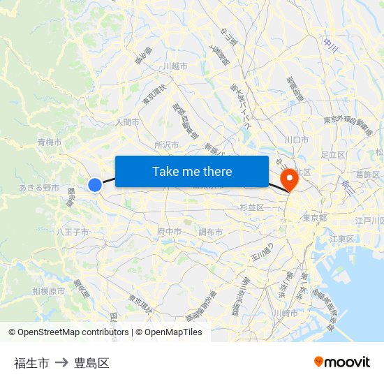 福生市 to 豊島区 map