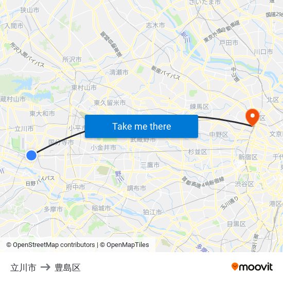 立川市 to 豊島区 map