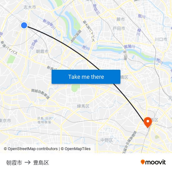 朝霞市 to 豊島区 map