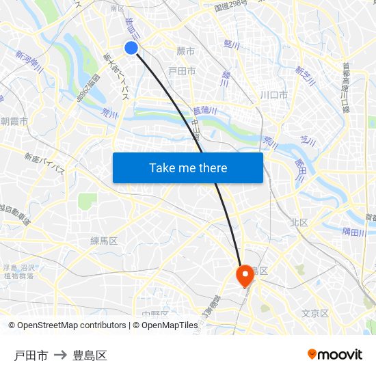 戸田市 to 豊島区 map