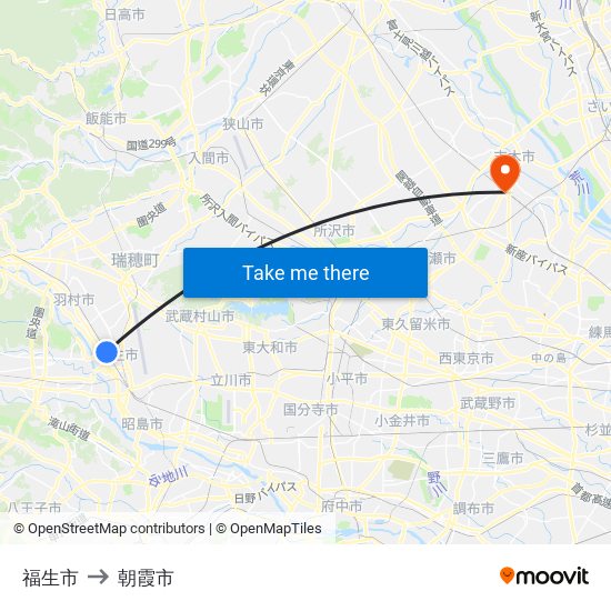 福生市 to 朝霞市 map