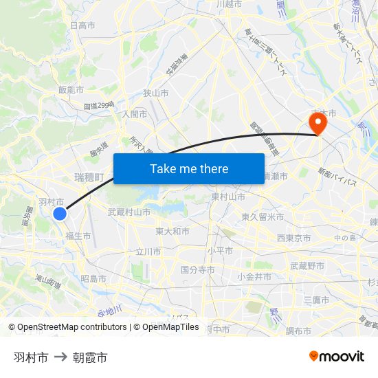 羽村市 to 朝霞市 map