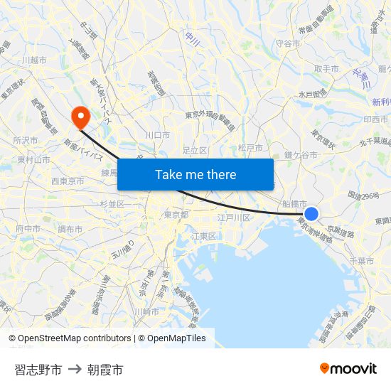習志野市 to 朝霞市 map