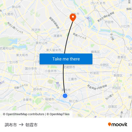 調布市 to 朝霞市 map