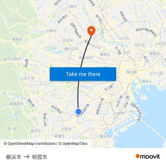 横浜市 to 朝霞市 map
