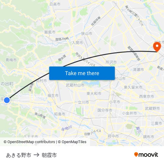 あきる野市 to 朝霞市 map