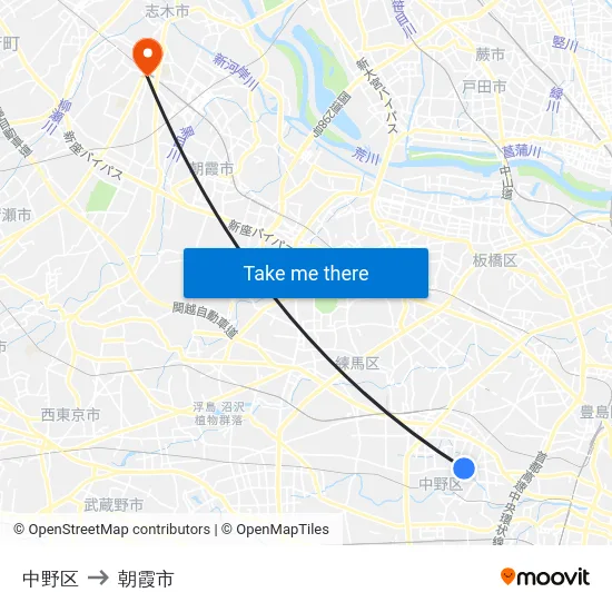 中野区 to 朝霞市 map