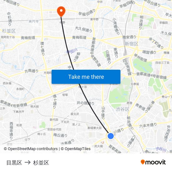 目黒区 to 杉並区 map