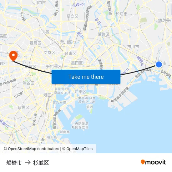 船橋市 to 杉並区 map