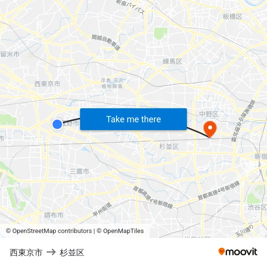 西東京市 to 杉並区 map
