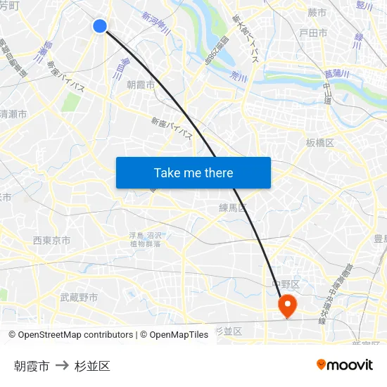 朝霞市 to 杉並区 map