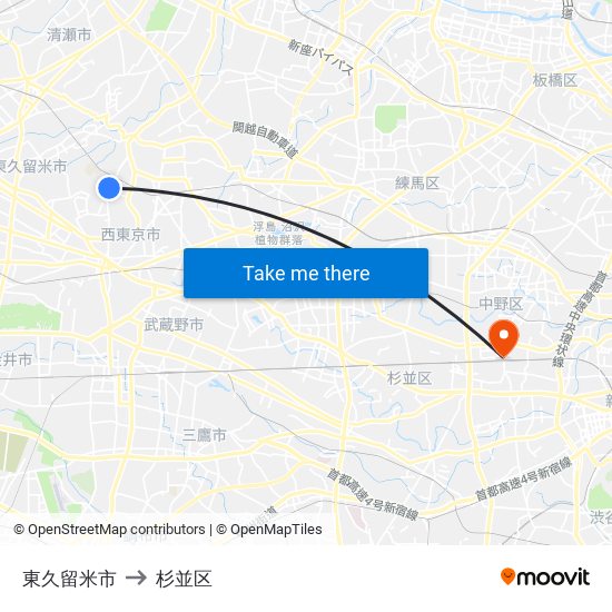 東久留米市 to 杉並区 map