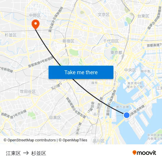江東区 to 杉並区 map