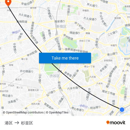 港区 to 杉並区 map