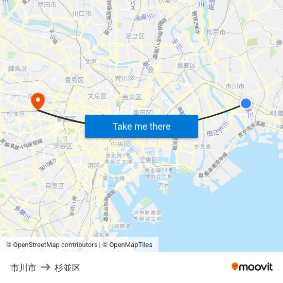 市川市 to 杉並区 map