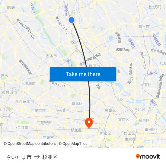 さいたま市 to 杉並区 map