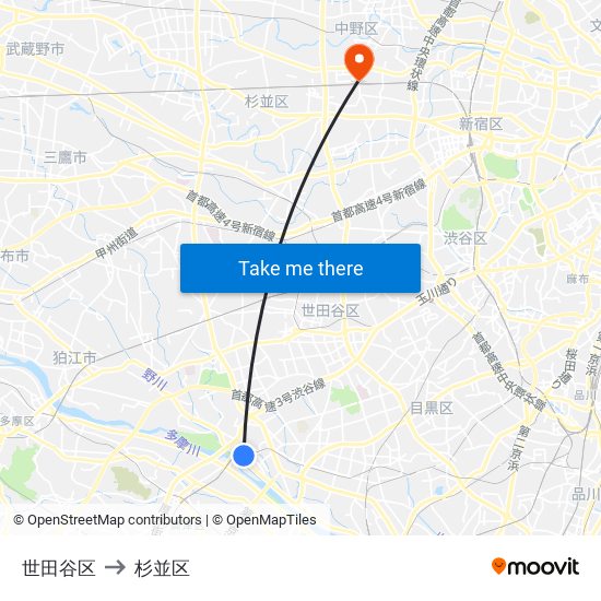 世田谷区 to 杉並区 map