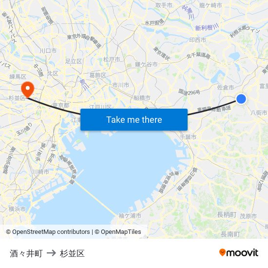 酒々井町 to 杉並区 map