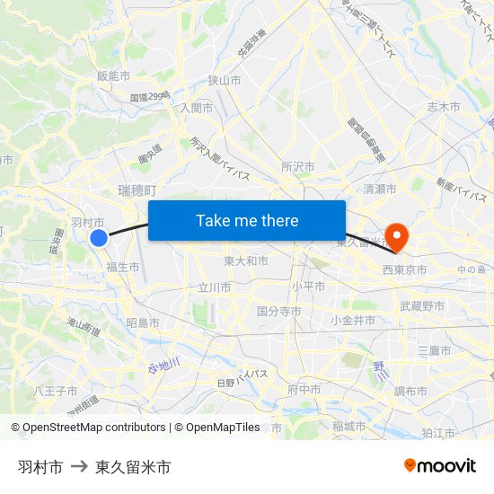 羽村市 to 東久留米市 map