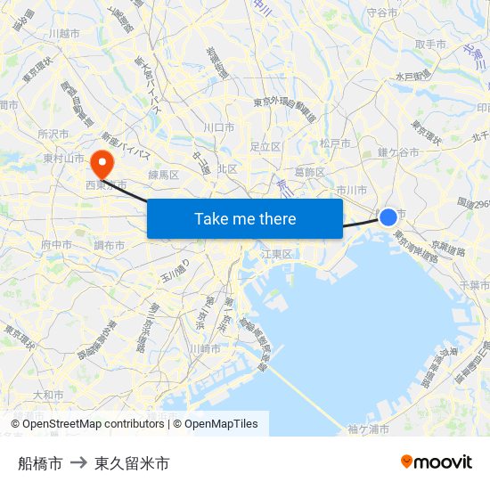 船橋市 to 東久留米市 map