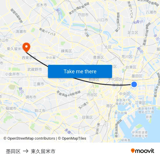墨田区 to 東久留米市 map