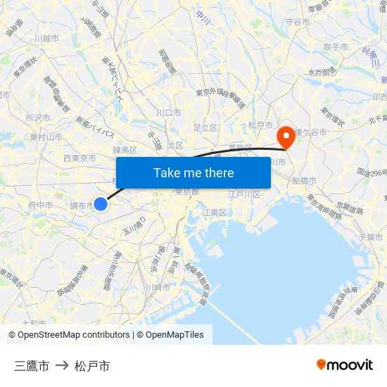 三鷹市 to 松戸市 map