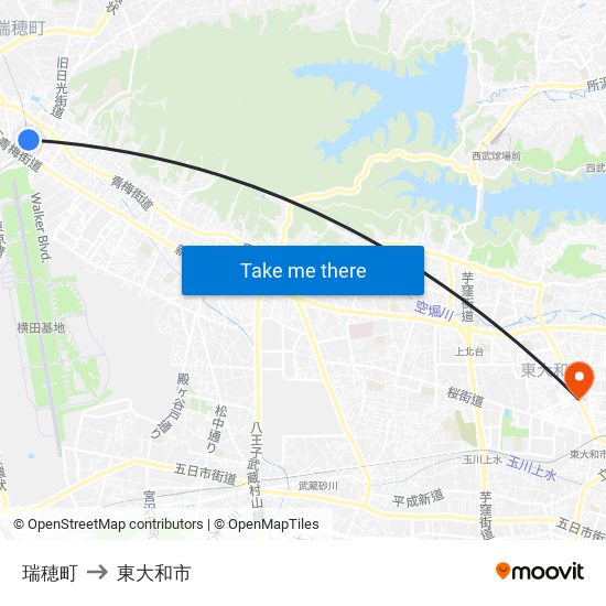 瑞穂町 to 東大和市 map