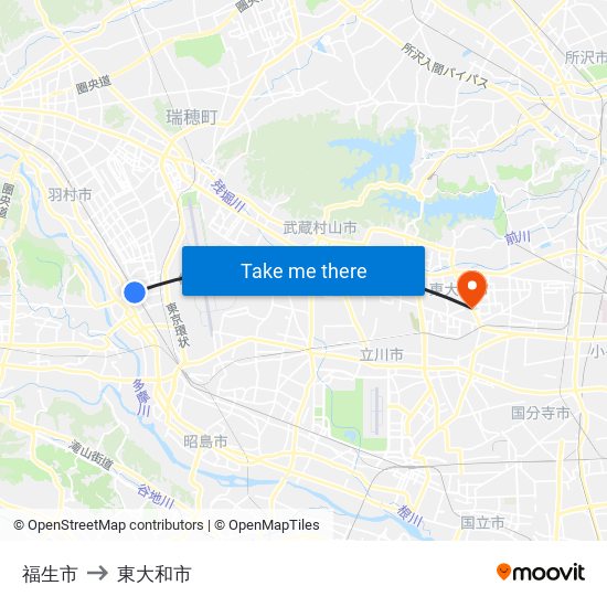 福生市 to 東大和市 map