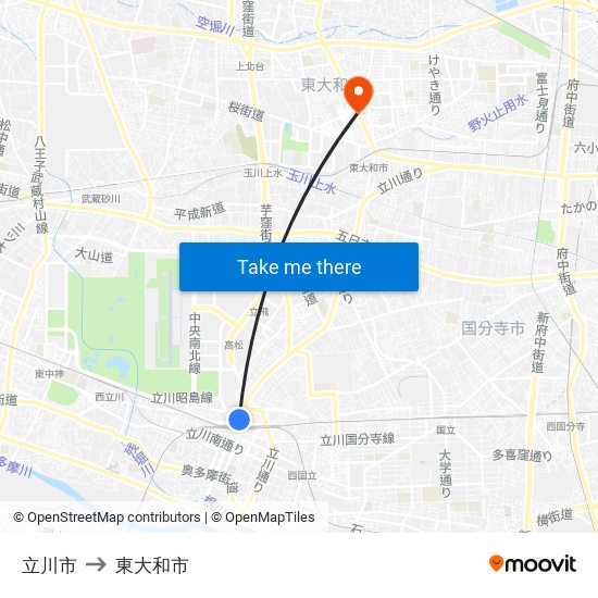 立川市 to 東大和市 map